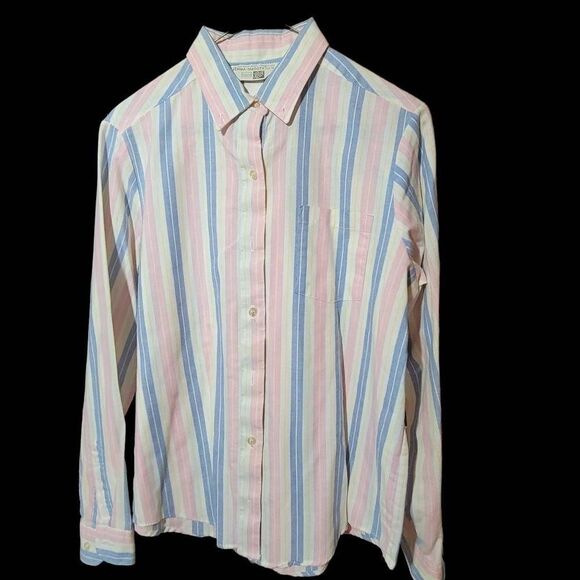 Vintage 70's Sears Pink and Blue Striped Longsleeve Button Down Shirt Size 16 - Picture 1 of 3